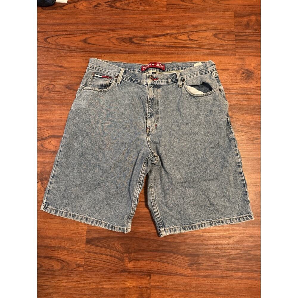 Tommy Jeans Y2K Denim Shorts Hilfiger Flag Back Patch Wide Leg Jeans Mens Sz 38